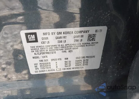 2021 Chevrolet Trax Awd Lt из США, поврежденный, VIN KL7CJPSM7MB373210